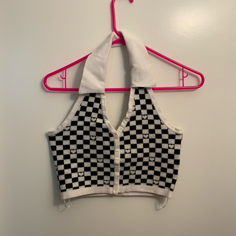 Checkered Black and White Halter Tank Top